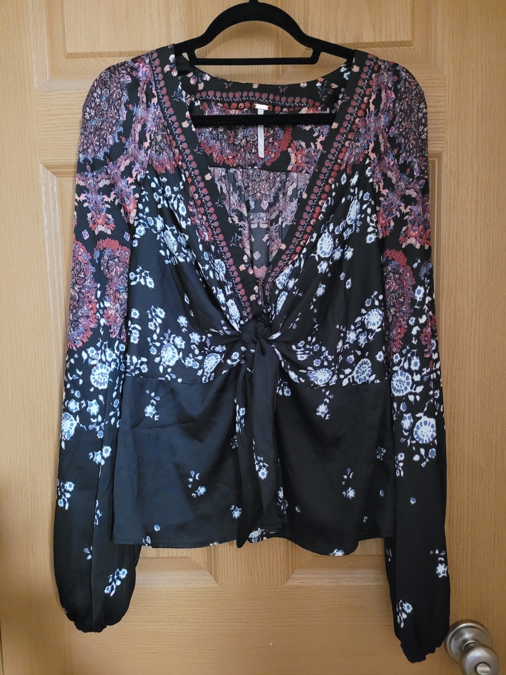 Free People Large Black Tie-Front Blouse with Floral Accent